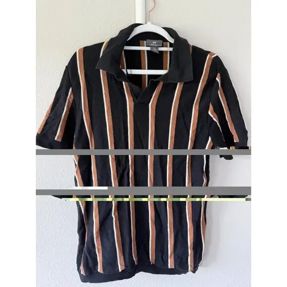 H&M Regular Fit Fine-Knit Striped Polo Shirt Black Beige White Cotton S - Picture 3 of 5